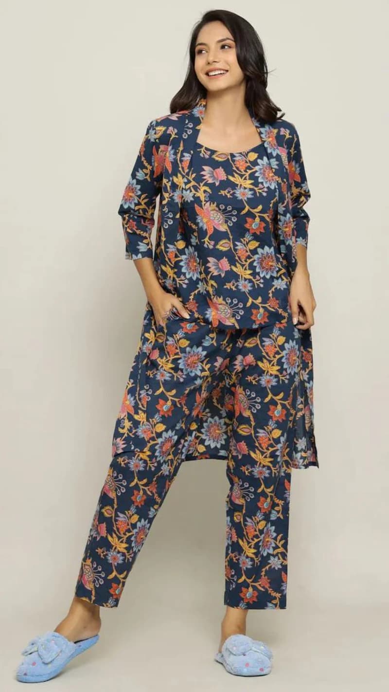 Blue Cotton Printed 3 PEICE Night Suit
