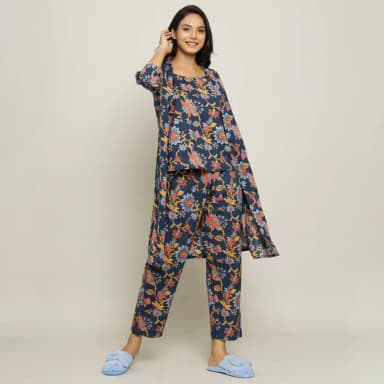 Blue Cotton Printed 3 PEICE Night Suit