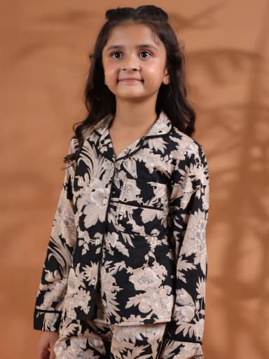 Black Floral Printed Cotton Night Suit for Kids