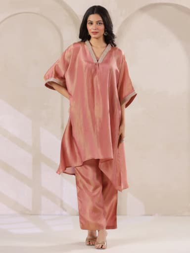 Rust Silk Blend Kaftan Co-ord Set with Embellished for Women