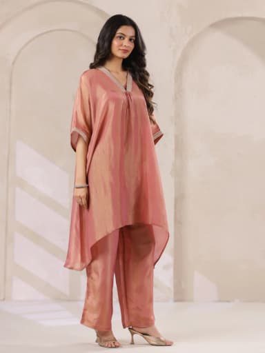 Rust Silk Blend Kaftan Co-ord Set with Embellished for Women