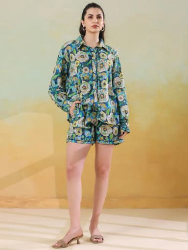Blue Floral Shirt Collar Co-Ord-Set for Women and Girls