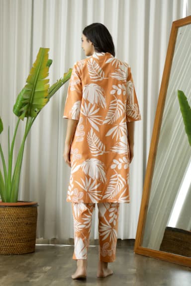 Orange Cotton Printed 3 PEICE Night Suit