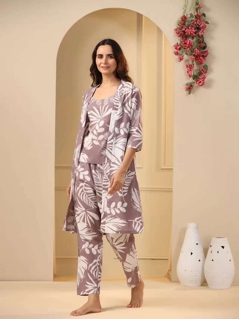 Lilac Cotton Printed 3 PEICE Night Suit