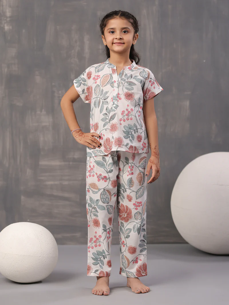 Multi Flower and Leaf Printed Cotton Kids Night Suits